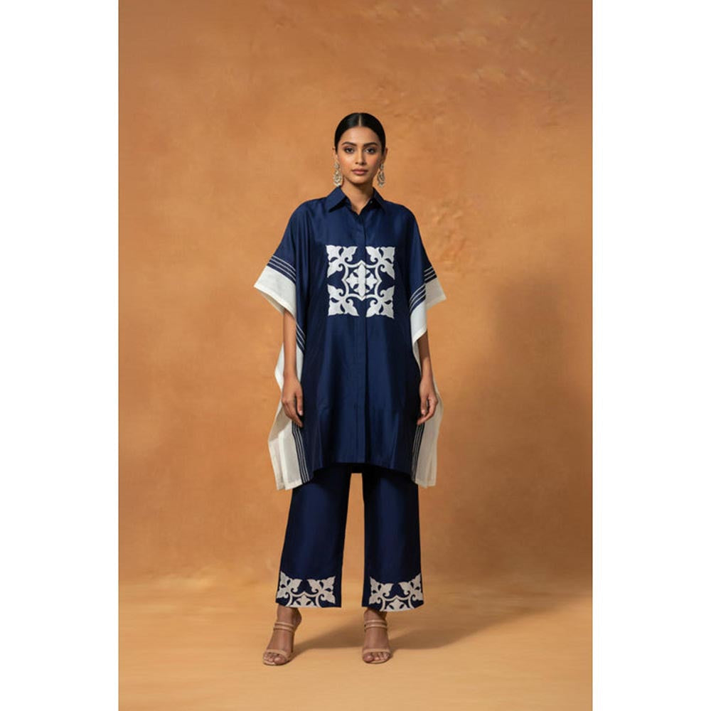ORIGANI Navy Blue Chanderi Silk Collar Neck Printed Kaftan with Pant