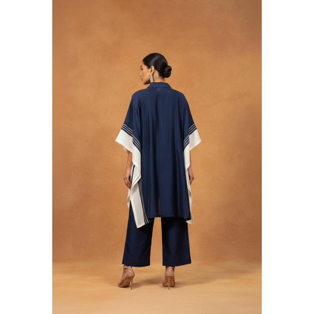 ORIGANI Navy Blue Chanderi Silk Collar Neck Printed Kaftan with Pant