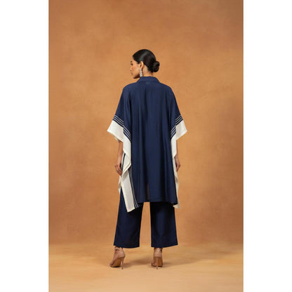 ORIGANI Navy Blue Chanderi Silk Collar Neck Printed Kaftan with Pant