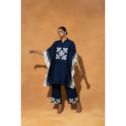 ORIGANI Navy Blue Chanderi Silk Collar Neck Printed Kaftan with Pant