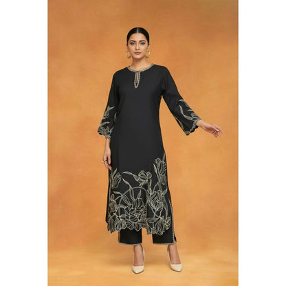ORIGANI Black Chanderi Silk Keyhole Neck Embroidered Kurta with Pant