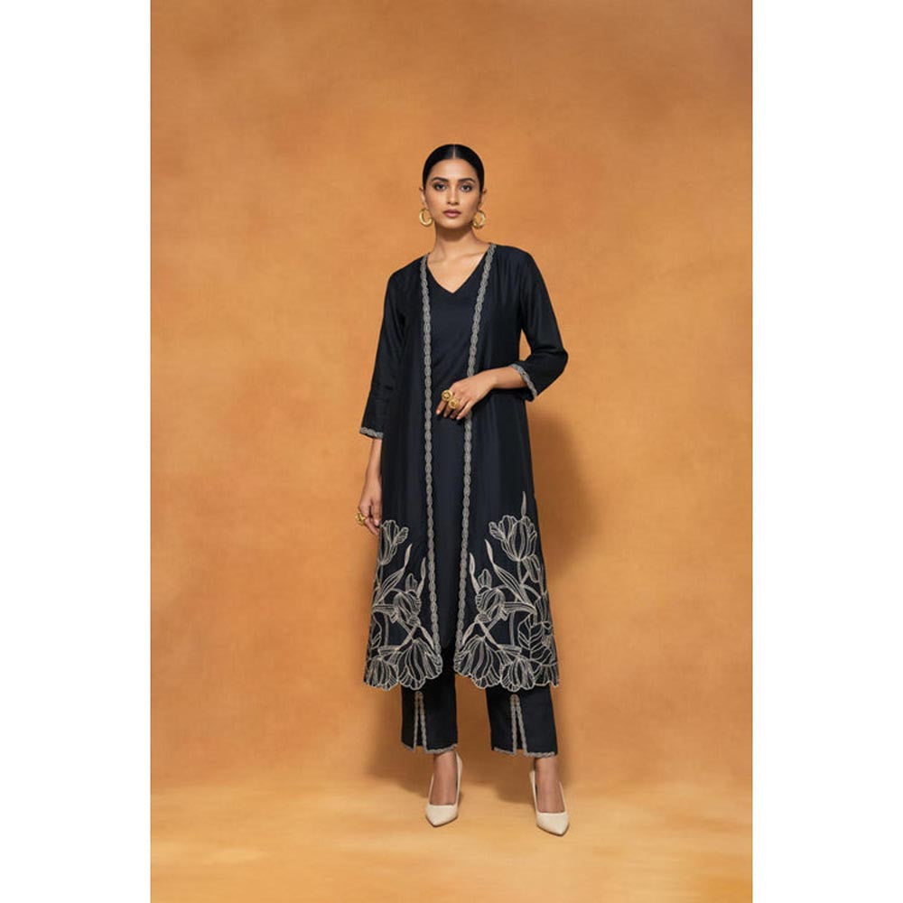 ORIGANI Black Chanderi Silk V-Neck Embroidered Kurta with Pant and Jacket