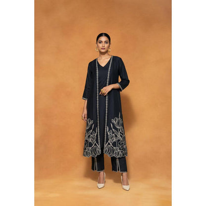 ORIGANI Black Chanderi Silk V-Neck Embroidered Kurta with Pant and Jacket