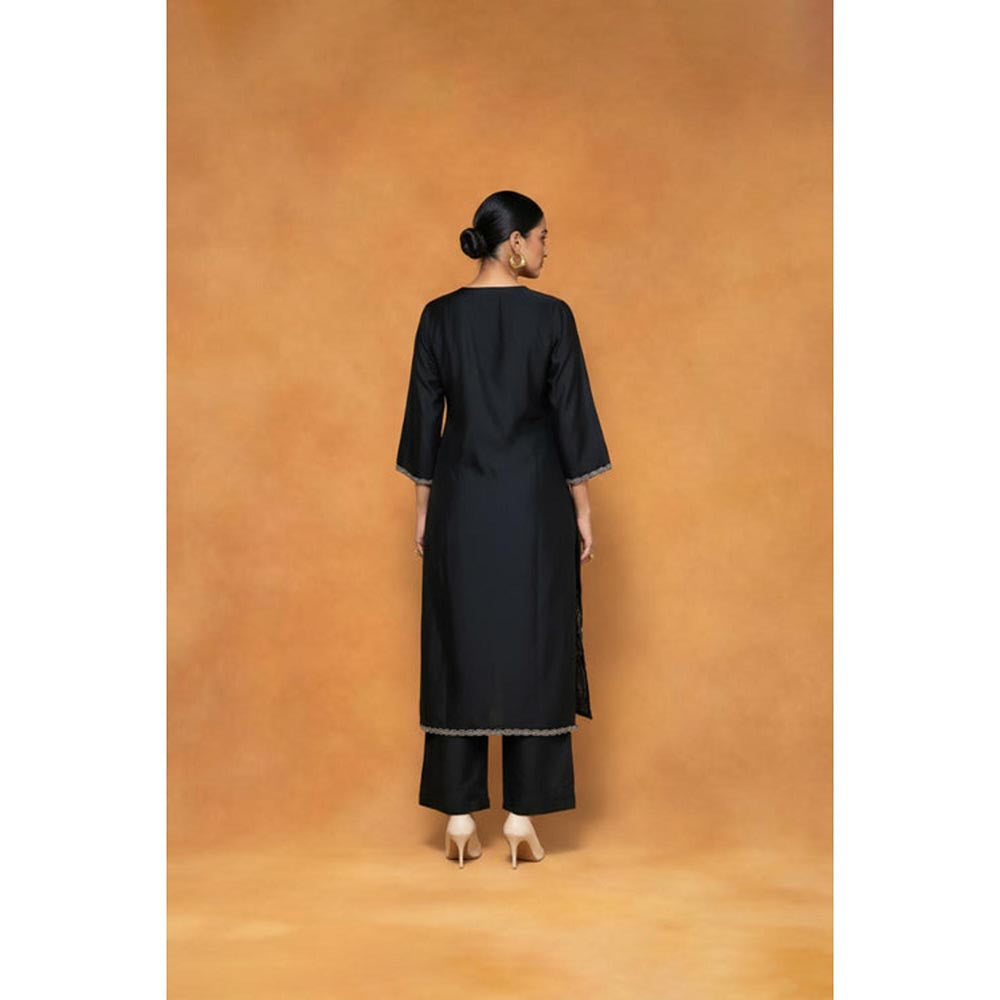ORIGANI Black Chanderi Silk V-Neck Embroidered Kurta with Pant and Jacket