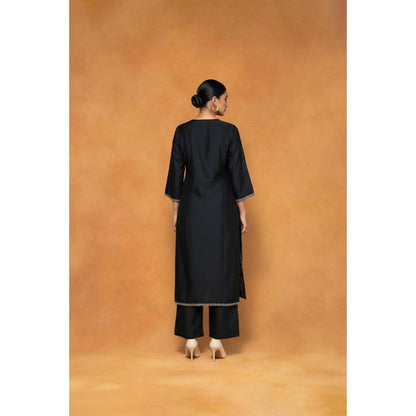ORIGANI Black Chanderi Silk V-Neck Embroidered Kurta with Pant and Jacket