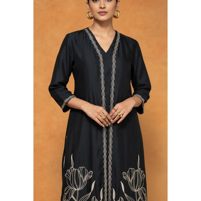 ORIGANI Black Chanderi Silk V-Neck Embroidered Kurta with Pant and Jacket