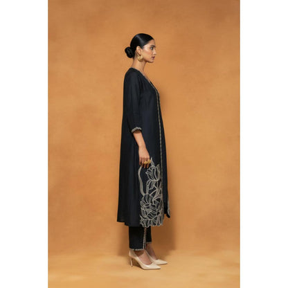 ORIGANI Black Chanderi Silk V-Neck Embroidered Kurta with Pant and Jacket