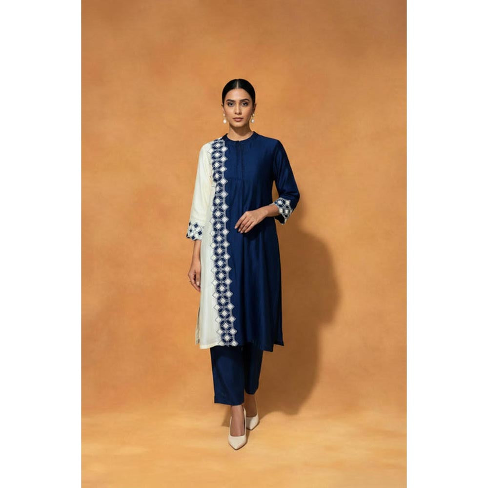 ORIGANI Multi-Color Chanderi Silk Round Neck Embroidered Kurta with Pant