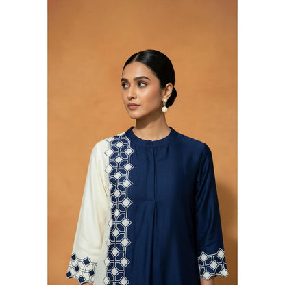 ORIGANI Multi-Color Chanderi Silk Round Neck Embroidered Kurta with Pant