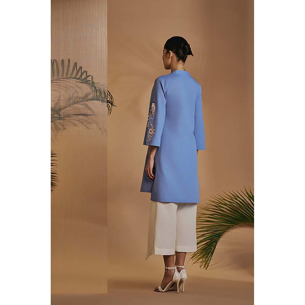 ORIGANI Blue Origani Linen Blend Mandarin Neck Embroidered Co-Ord Set