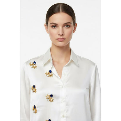 ORNAMAAS Guldasta White Embellished Satin Shirt