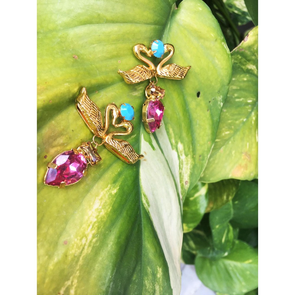 ORNAMAAS Pink Dual Swans Amour Earrings