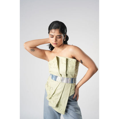 Orthodox Green Vaanya Draped Warli Embroidery Top with Belt