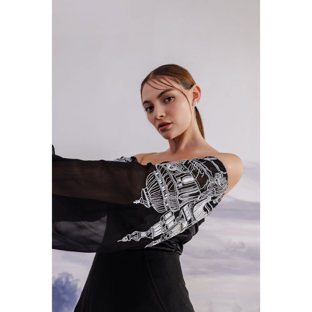 Orthodox Black Off-Shoulder Satin Corset Pearl Cuffs-Top