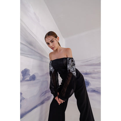 Orthodox Black Off-Shoulder Satin Corset Pearl Cuffs-Top