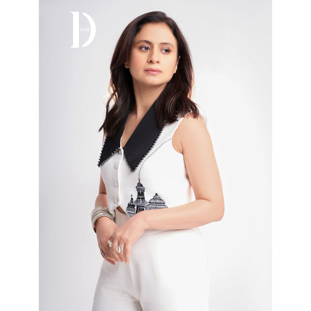 Orthodox White Black Chalice Collar Banana Crepe Vest Top