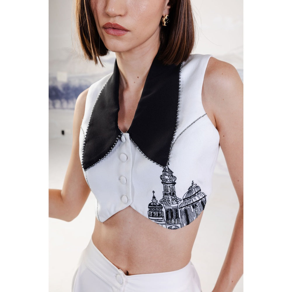Orthodox White Black Chalice Collar Banana Crepe Vest Top