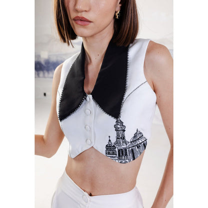 Orthodox White Black Chalice Collar Banana Crepe Vest Top
