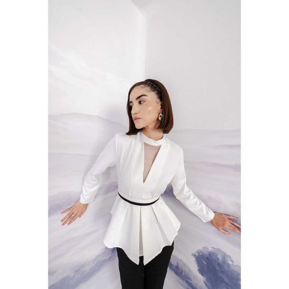 Orthodox White Peplum Banana Crepe High Neck-Top