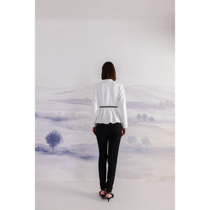 Orthodox White Peplum Banana Crepe High Neck-Top