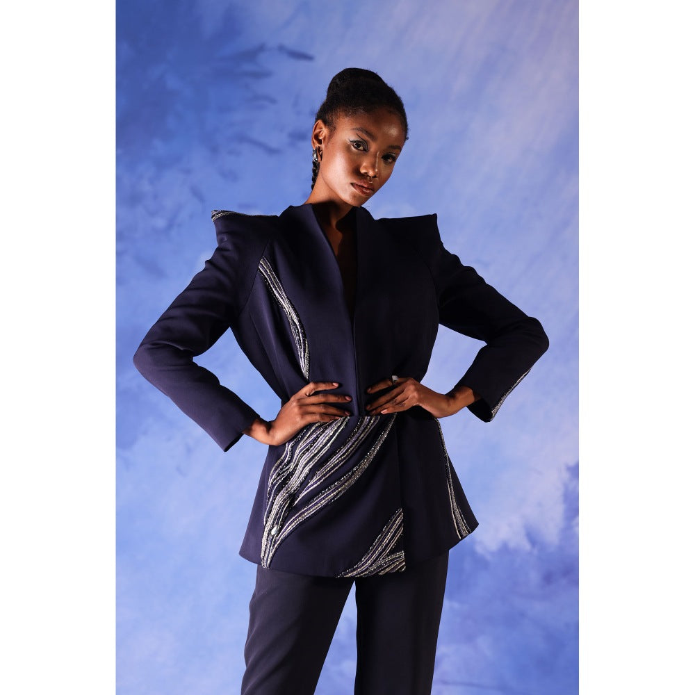 Orthodox Navy Blue Osiris Flare Blazer with Nile-Inspired Embroidery
