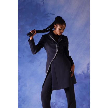 Orthodox Navy Blue Sumptuous Banana Crepe Long Blazer with S-Curve