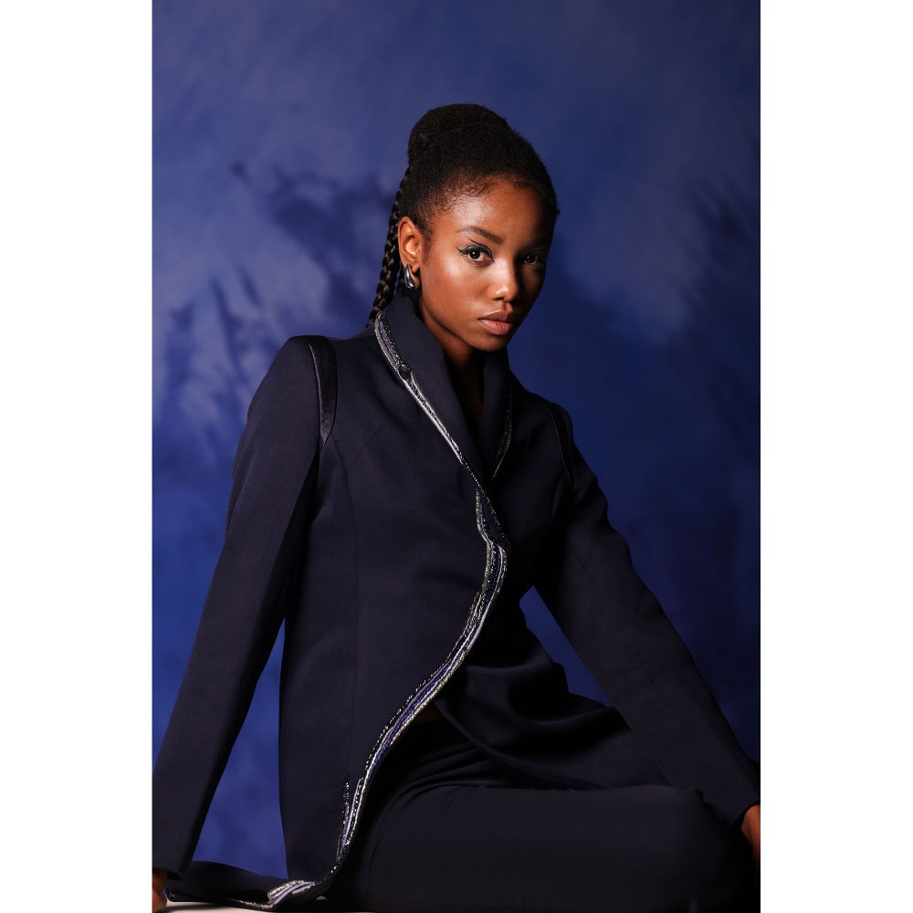 Orthodox Navy Blue Sumptuous Banana Crepe Long Blazer with S-Curve
