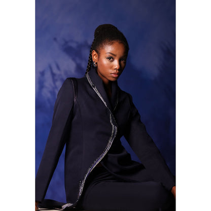 Orthodox Navy Blue Sumptuous Banana Crepe Long Blazer with S-Curve