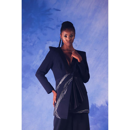 Orthodox Navy Blue Satin Silk Blazer with Aari & Mukesh Detailing