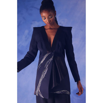 Orthodox Navy Blue Satin Silk Blazer with Aari & Mukesh Detailing