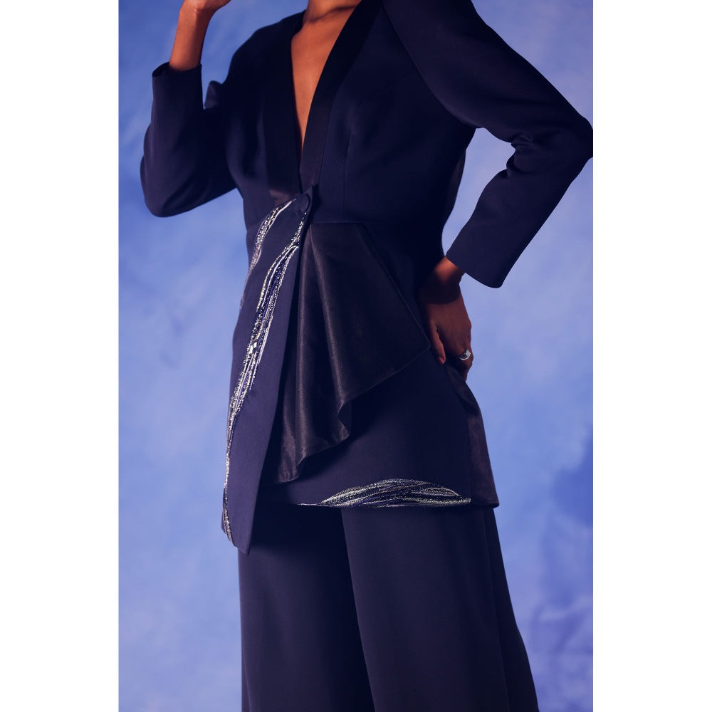 Orthodox Navy Blue Satin Silk Blazer with Aari & Mukesh Detailing