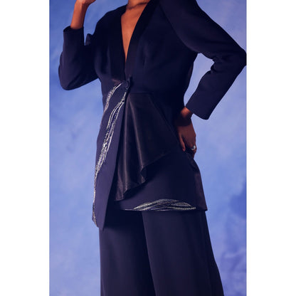 Orthodox Navy Blue Satin Silk Blazer with Aari & Mukesh Detailing