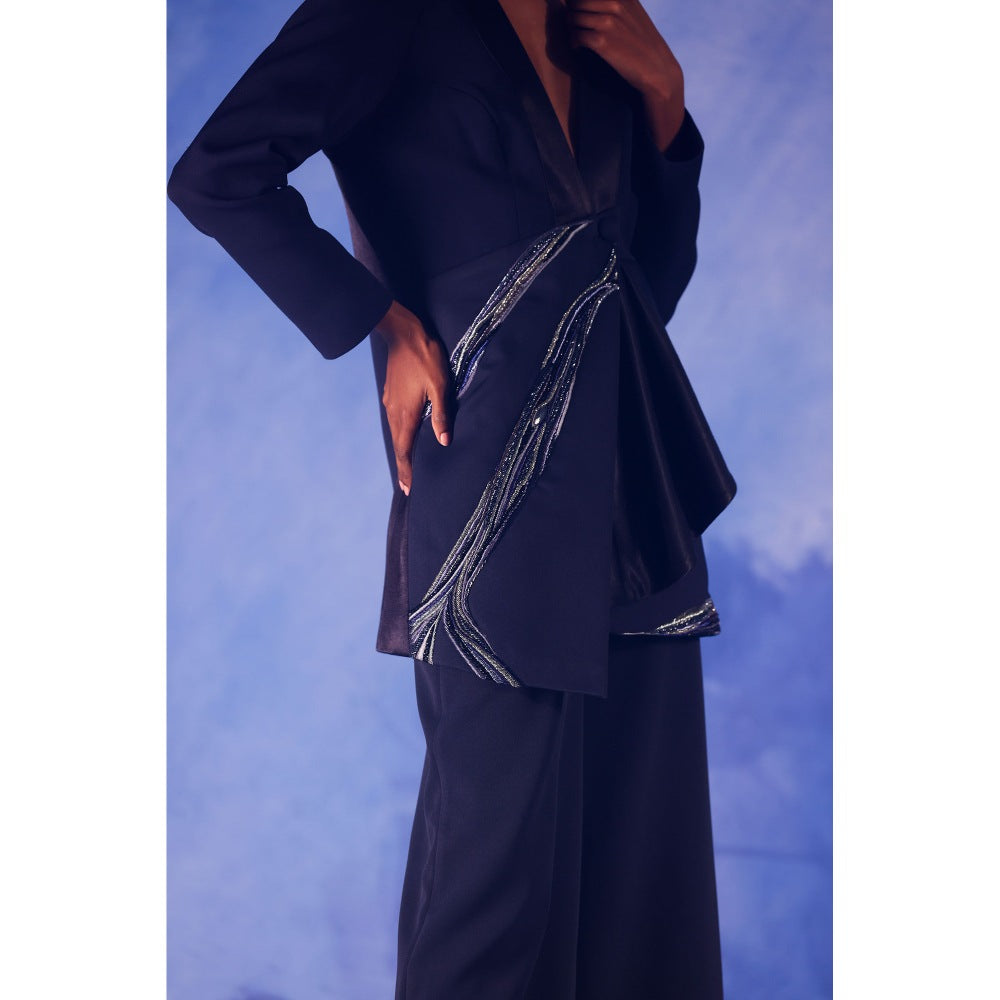 Orthodox Navy Blue Satin Silk Blazer with Aari & Mukesh Detailing