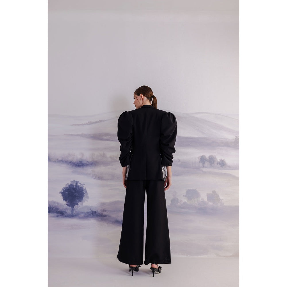 Orthodox Black Puff-Sleeve Blazer with Intricate Embroidery