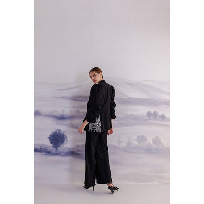 Orthodox Black Puff-Sleeve Blazer with Intricate Embroidery