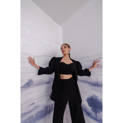 Orthodox Black Puff-Sleeve Blazer with Intricate Embroidery