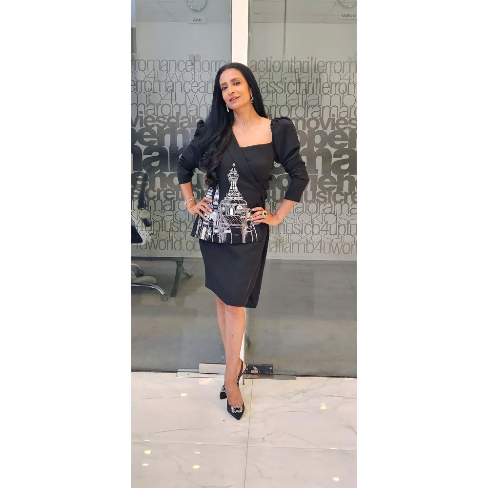 Orthodox Black One-Shoulder Blazer with Artistic Embroidery