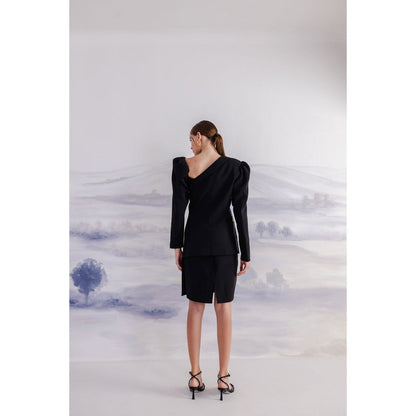 Orthodox Black One-Shoulder Blazer with Artistic Embroidery
