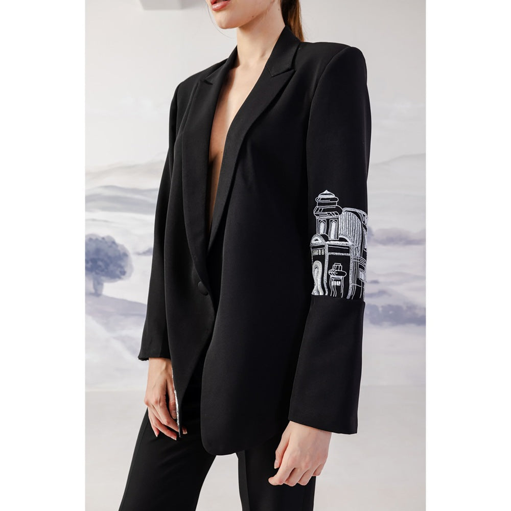 Orthodox Architectural Black Blazer with Bold Embroidery