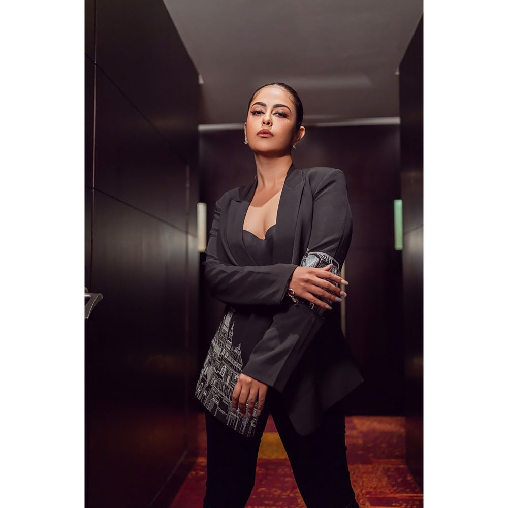 Orthodox Architectural Black Blazer with Bold Embroidery