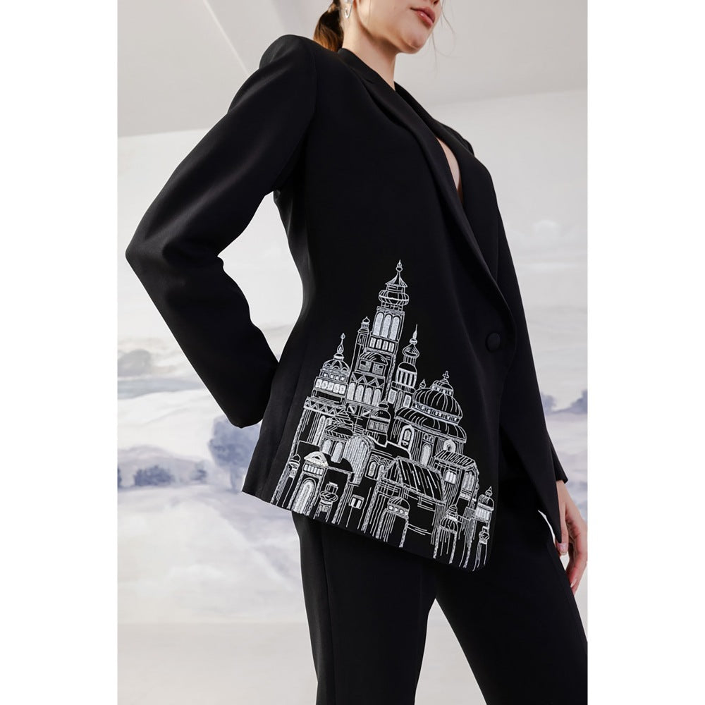 Orthodox Architectural Black Blazer with Bold Embroidery