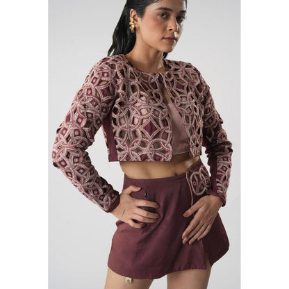 Orthodox Mauve Cutwork Intricate Self Design Cropped Jacket