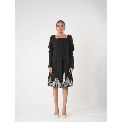 Orthodox Black Button-Down Dress with Urban Cityscape Embroidery