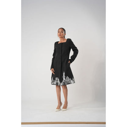 Orthodox Black Button-Down Dress with Urban Cityscape Embroidery