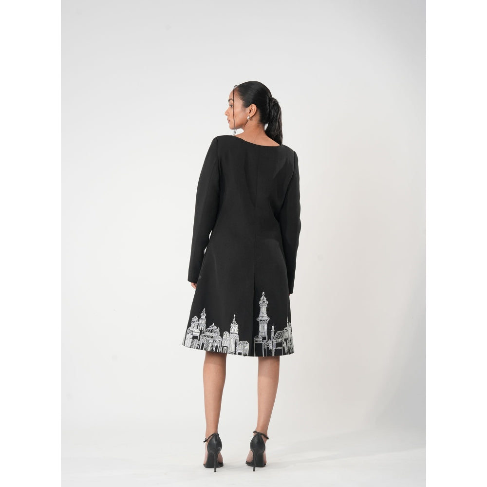 Orthodox Black Button-Down Dress with Urban Cityscape Embroidery