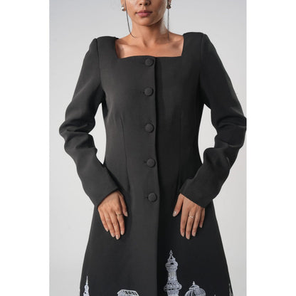 Orthodox Black Button-Down Dress with Urban Cityscape Embroidery