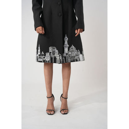 Orthodox Black Button-Down Dress with Urban Cityscape Embroidery