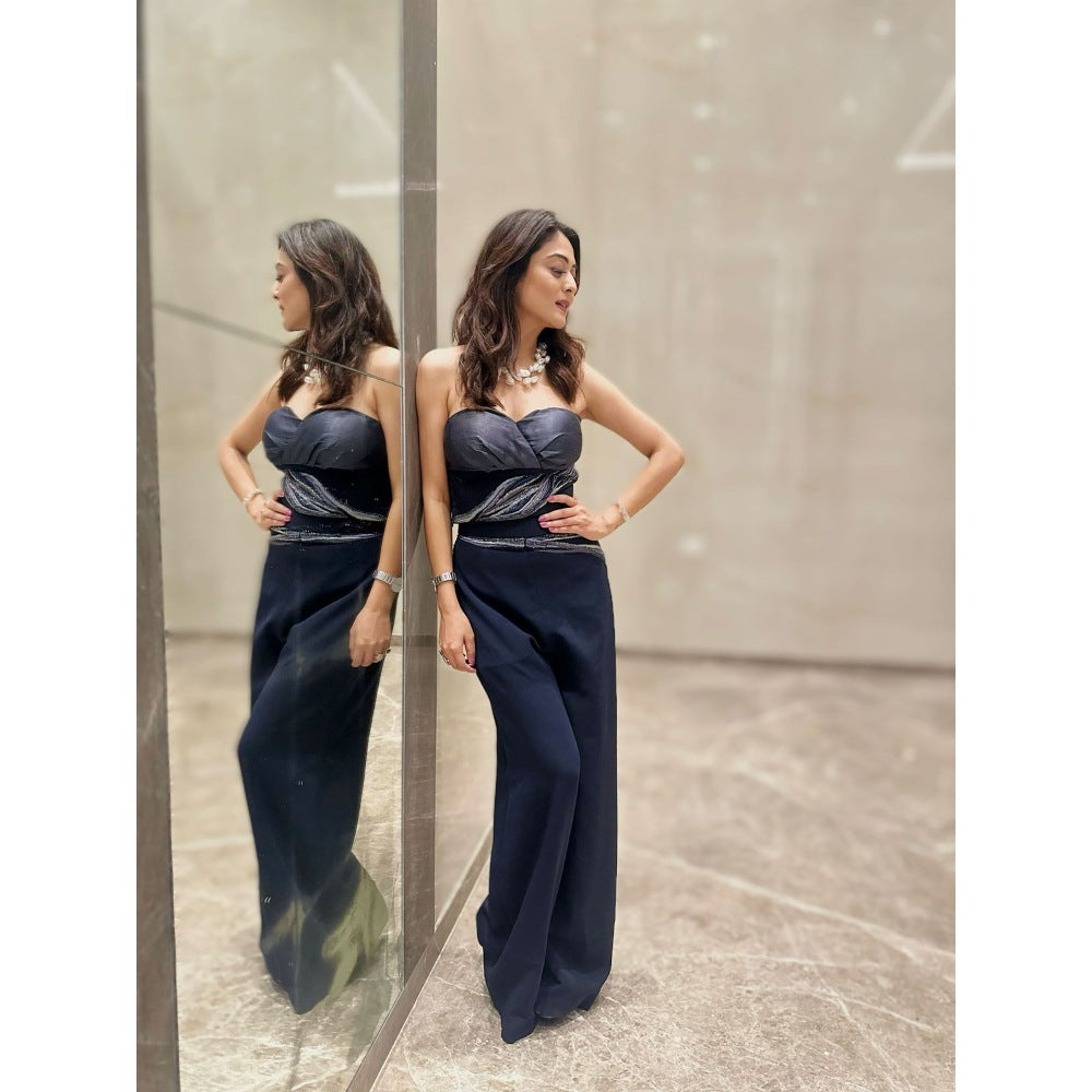 Orthodox Navy Blue Navy Flared Trousers with Embroidered Waist