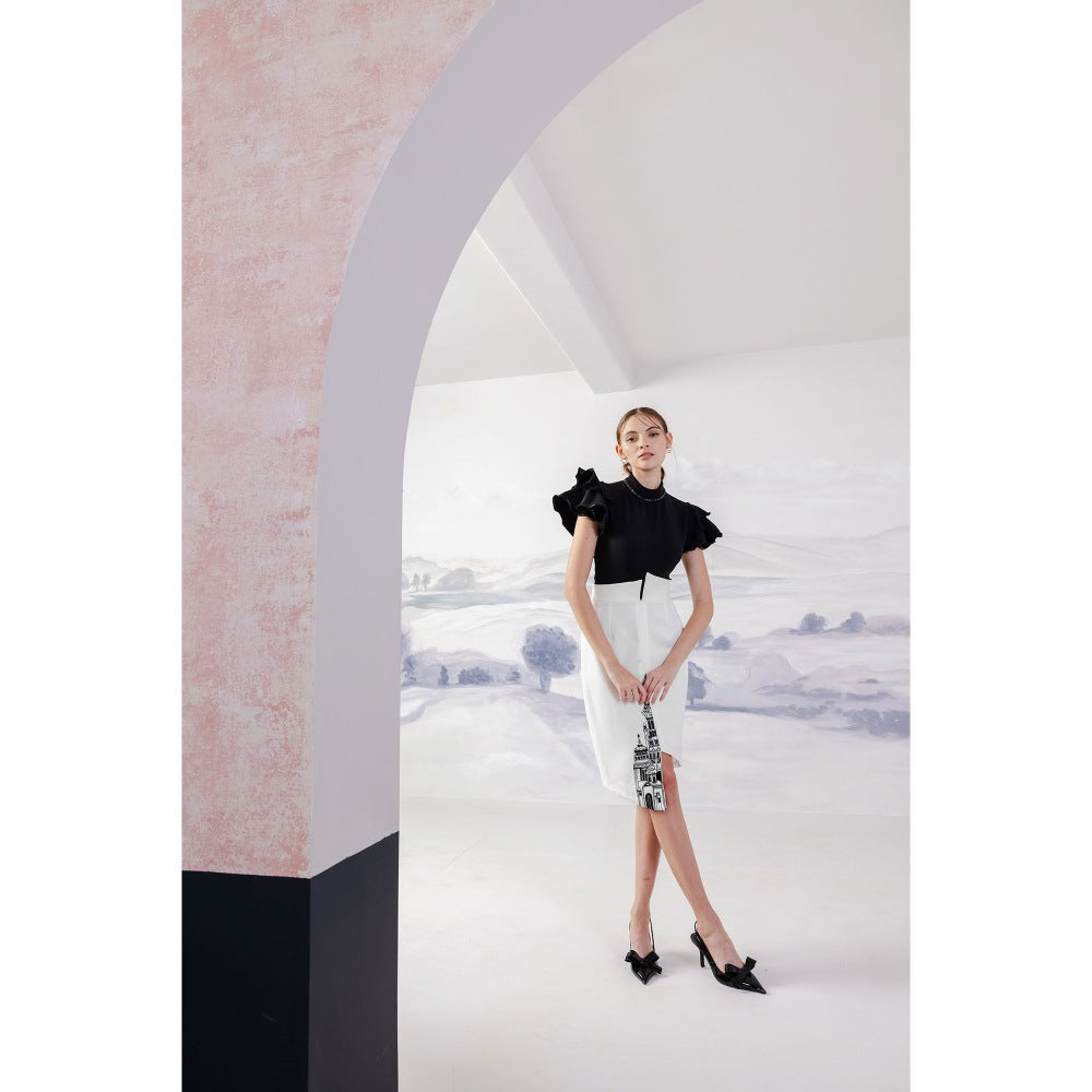 Orthodox Black Banana Crepe Ruffle Sleeves Bodysuit