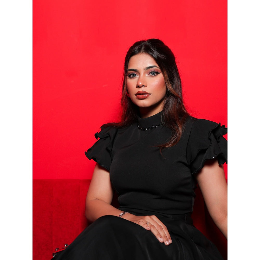 Orthodox Black Banana Crepe Ruffle Sleeves Bodysuit